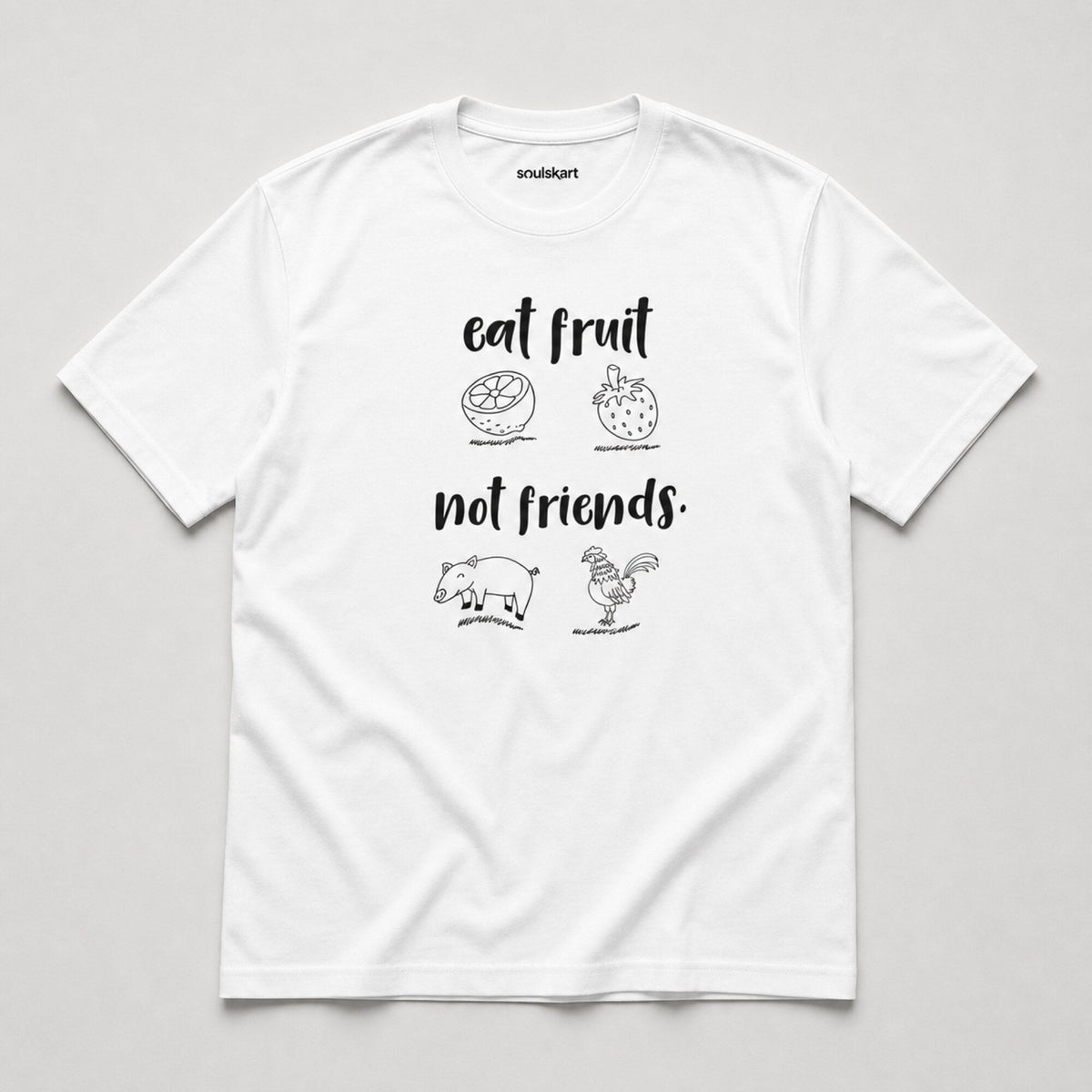 Eat Fruit Not Friends Vegan T-Shirt — on hanger