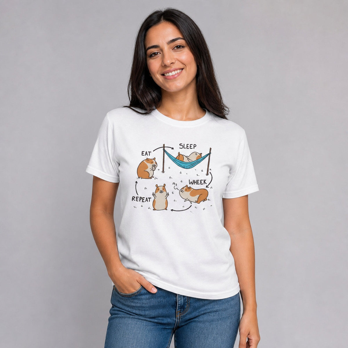 Eat Sleep Wheek Repeat Guinea Pig Unisex T-Shirt — worn on model, front