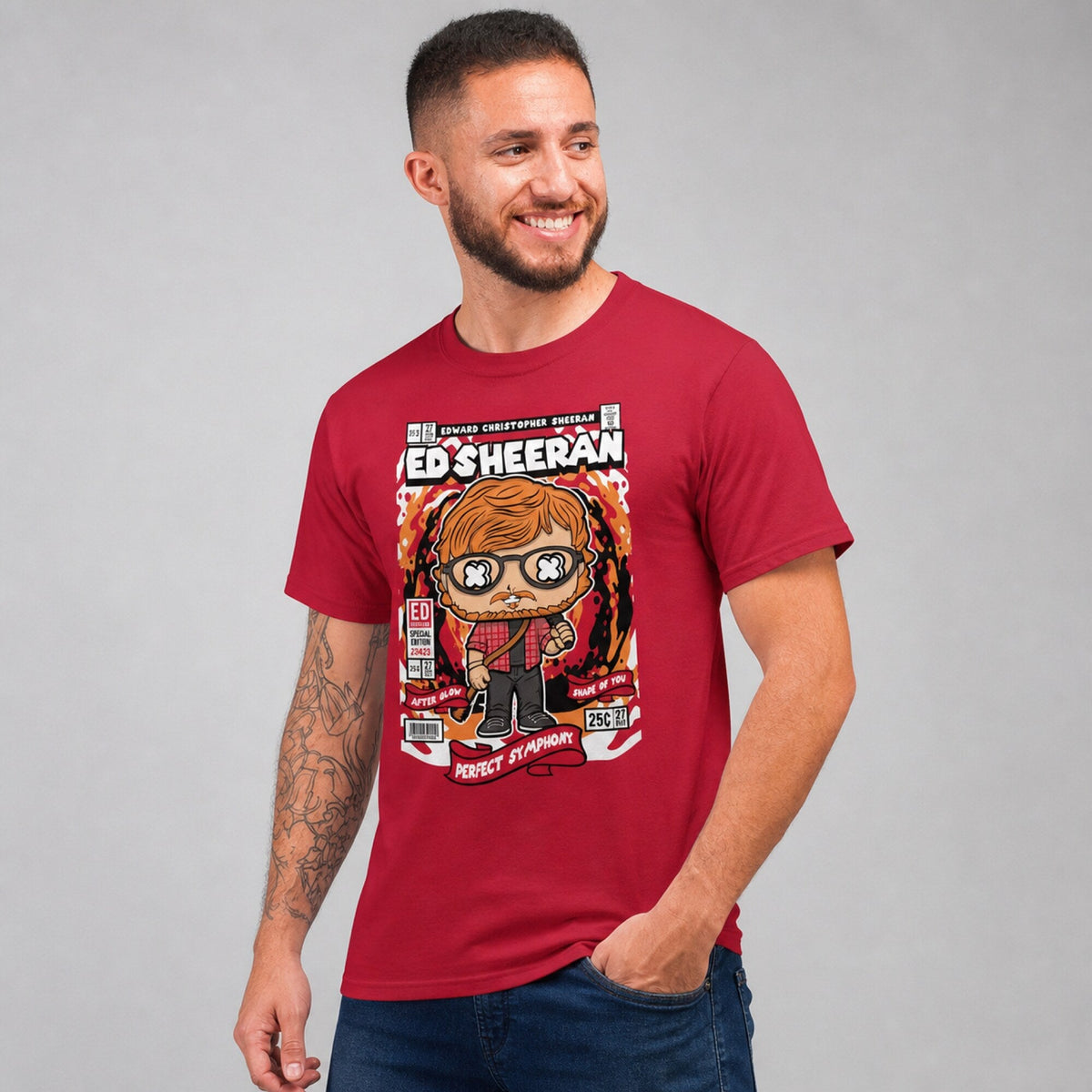 Ed Sheeran Pop Art Unisex T-Shirt — worn on model, front
