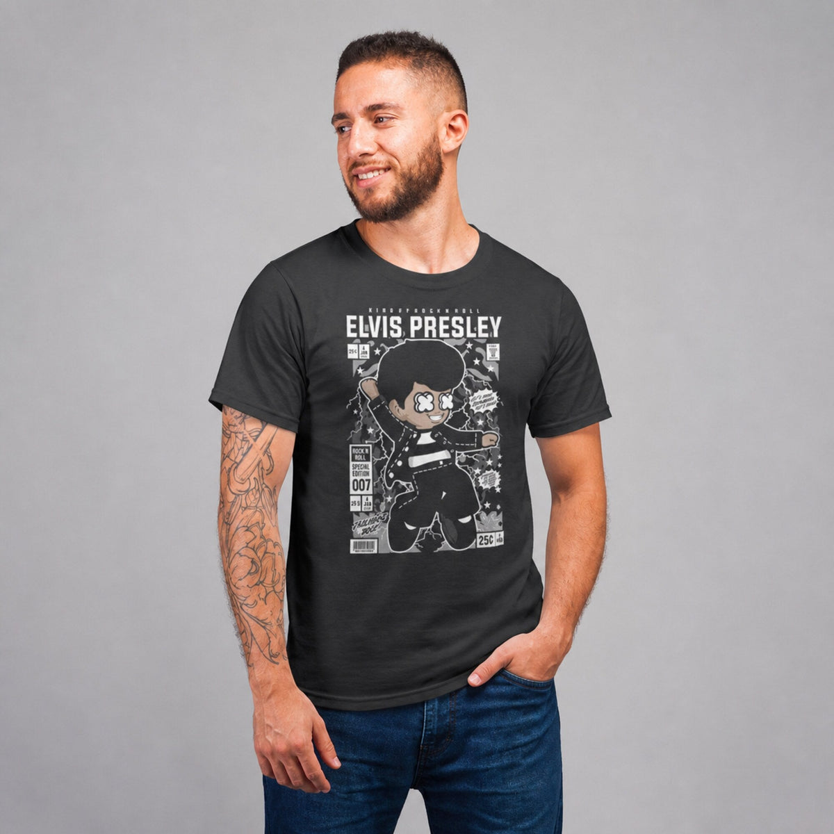 Elvis Presley Pop Art Unisex T-Shirt — worn on model, front