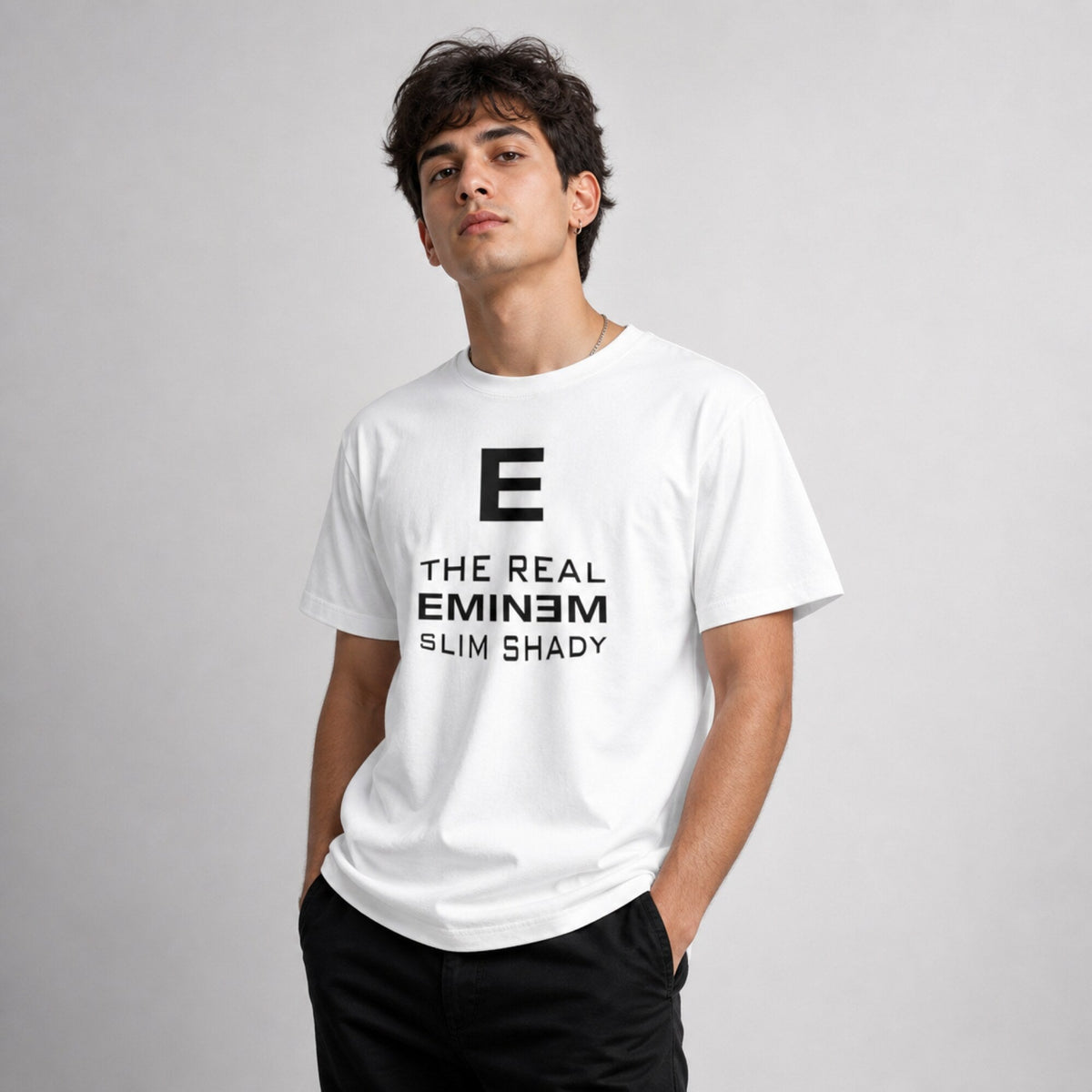 Eminem 'The Real Slim Shady' Unisex Tee — worn on model, front
