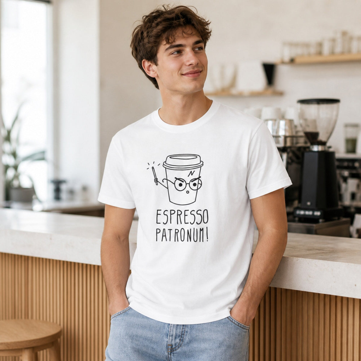 Espresso Patronum T-Shirt — worn on model, front