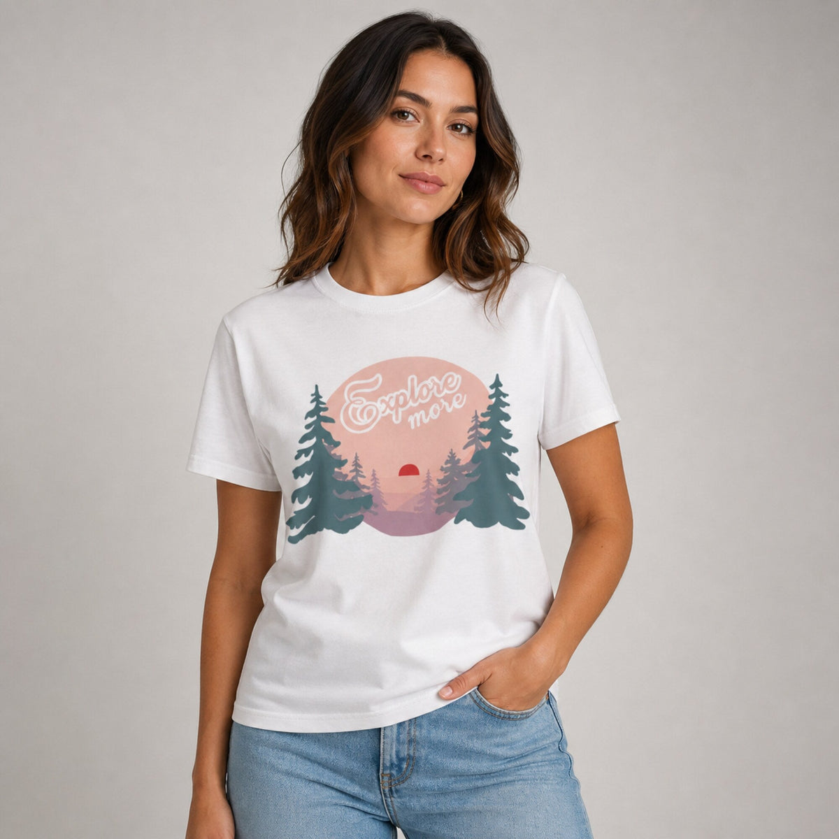Explore More Unisex T-Shirt — worn on model, front