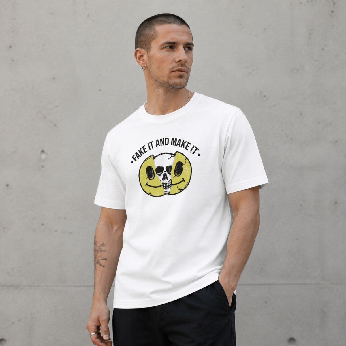 Fake It & Make It Unisex Streetwear T-Shirt — worn on model, front