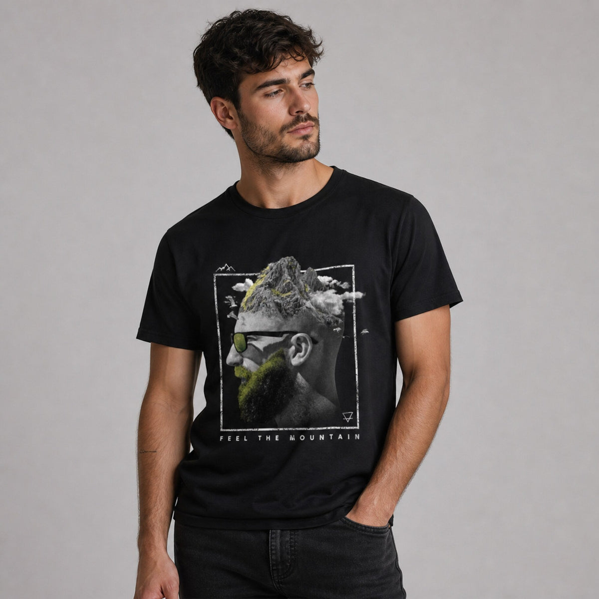 Feel The Mountains Unisex T-Shirt — worn on model, front