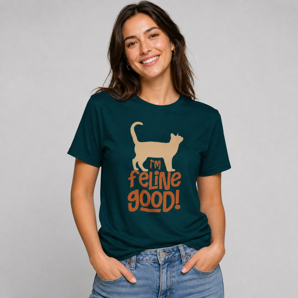 Feline Good Unisex Printed T-Shirt — worn on model, front