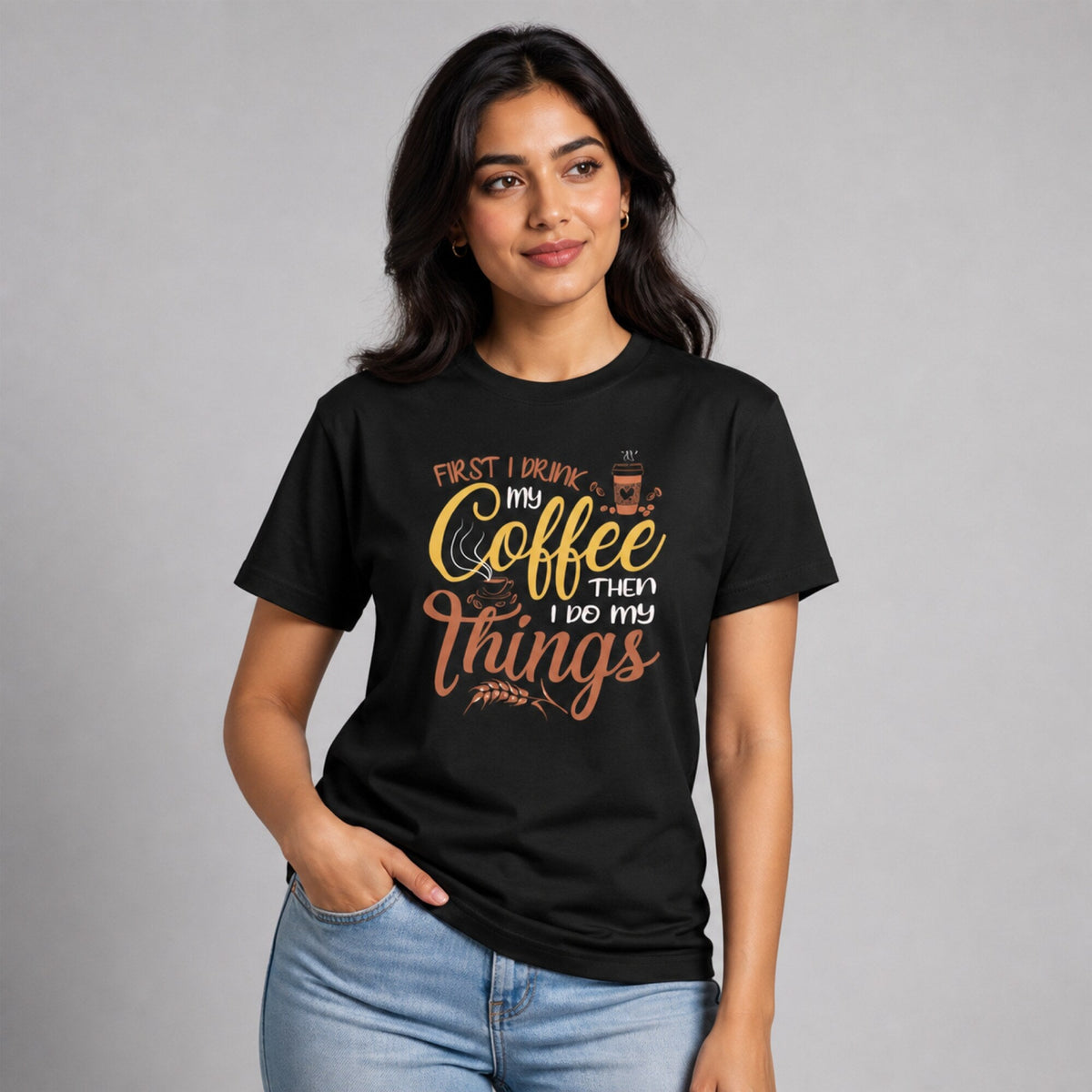 First, Coffee T-Shirt — worn on model, front