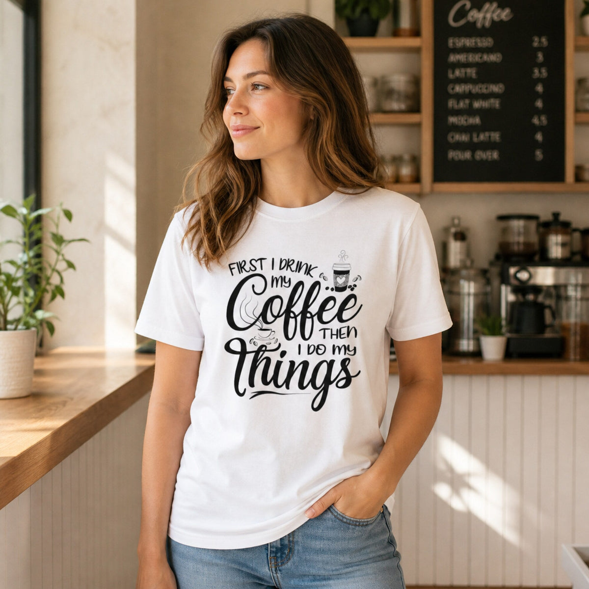 First Coffee, Then Things T-Shirt — worn on model, front
