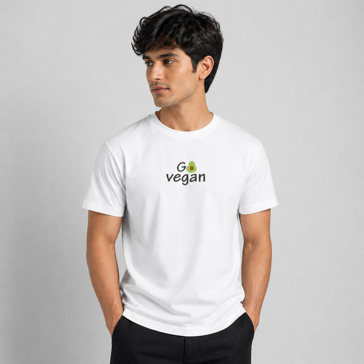 Go Vegan T-Shirt — worn on model, front