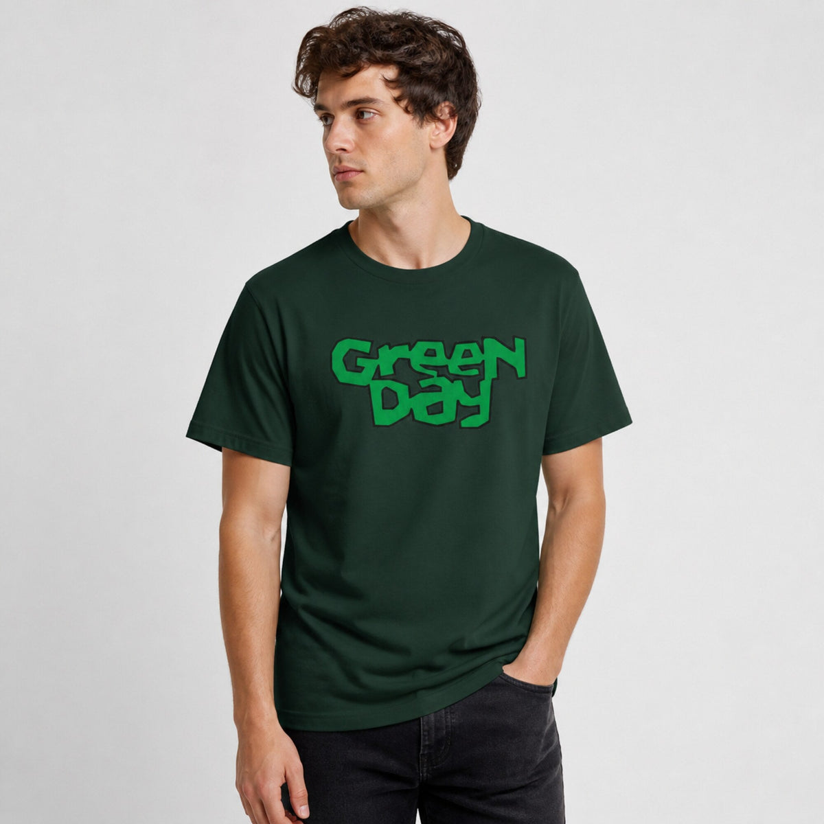 Green Day Band Tee — worn on model, front