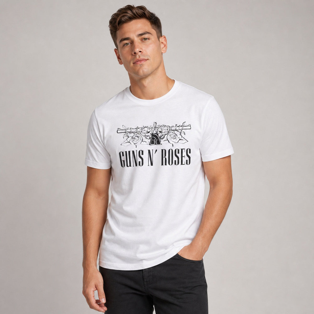Guns N' Roses Classic Rock Tee — worn on model, front