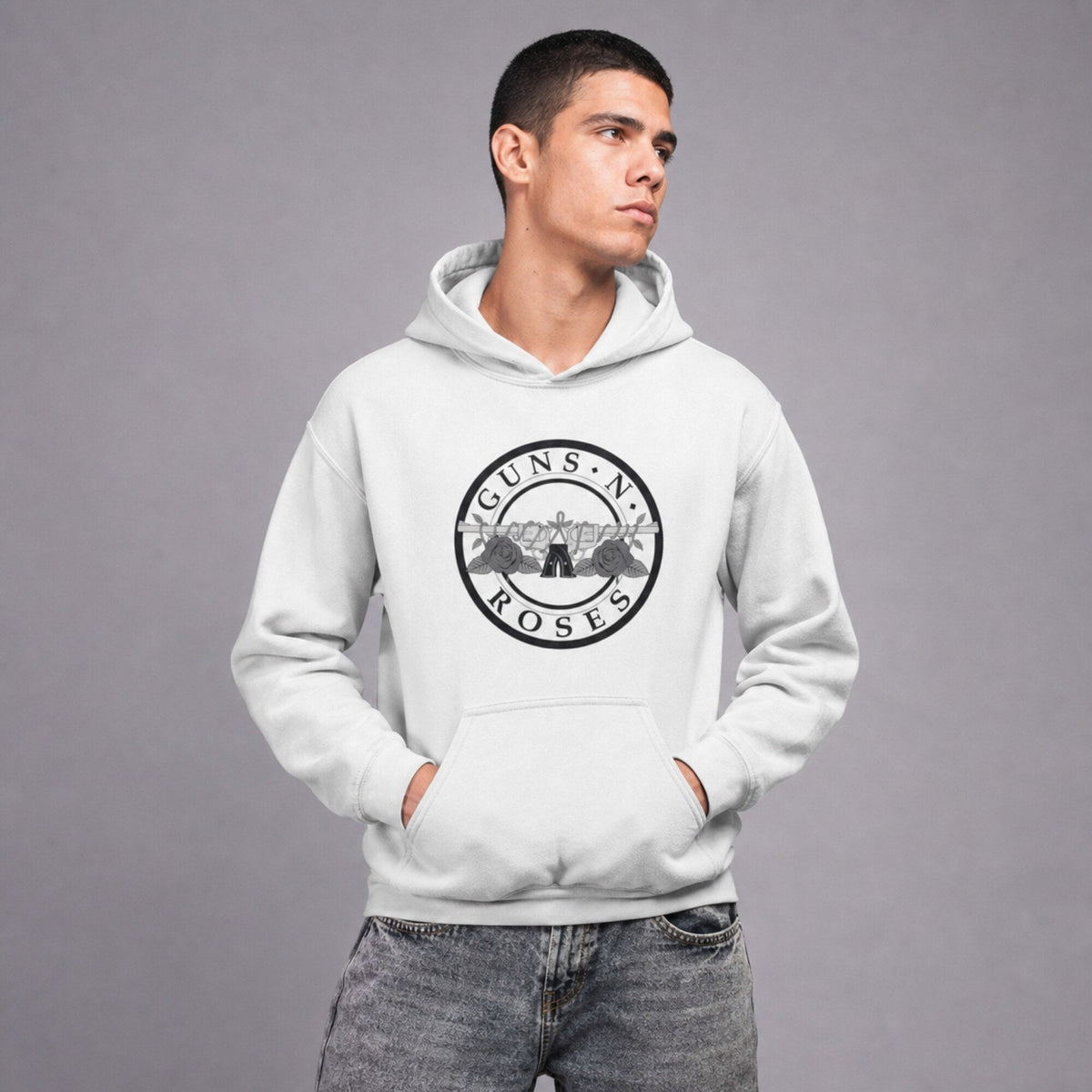 Guns N' Roses Bullet Circle Logo Hoodie — worn on model, front