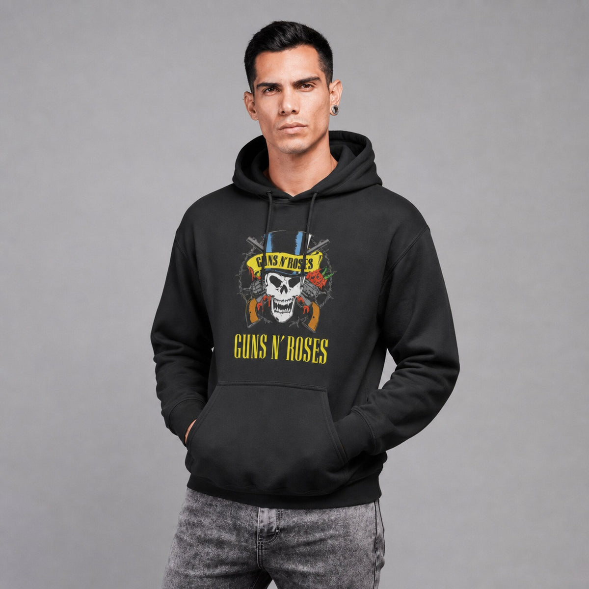 Guns N' Roses Top Hat Skull Hoodie — worn on model, front