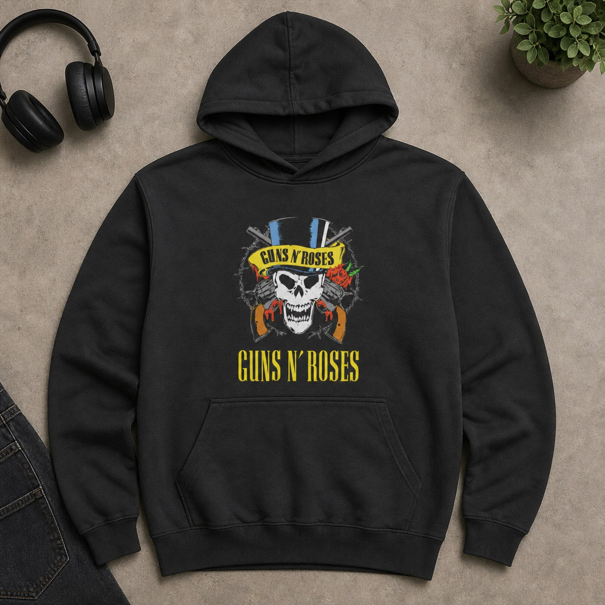 Guns N' Roses Top Hat Skull Hoodie — on hanger