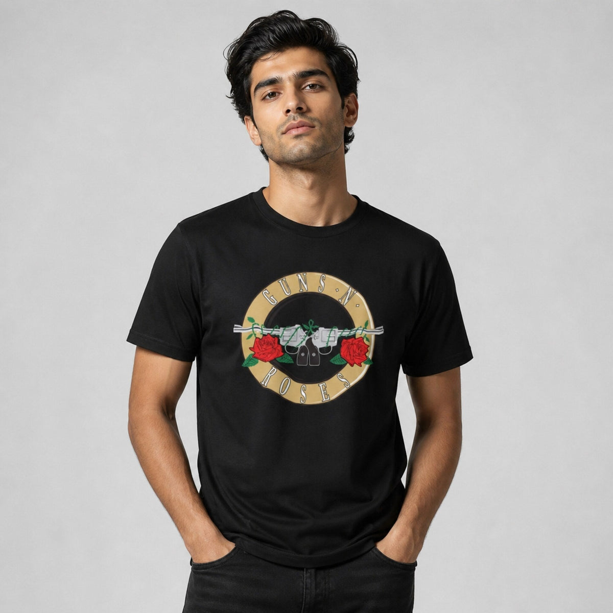 Guns N' Roses Bullet Circle Logo Tee — worn on model, front
