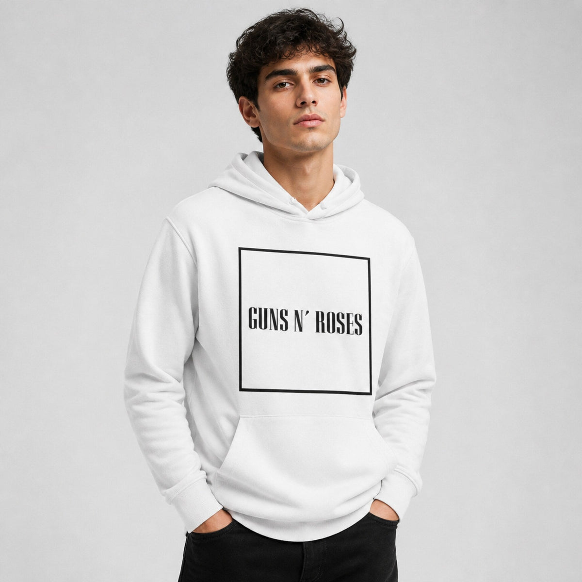 Guns N' Roses Unisex White Hoodie — worn on model, front