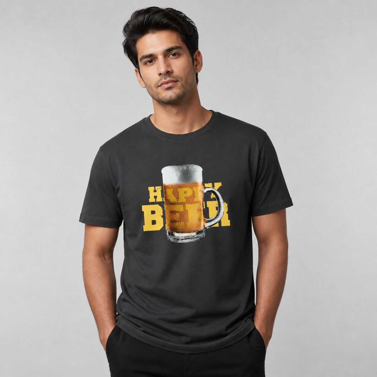 Happy Beer Cold Brew Mug Print Unisex T-Shirt — worn on model, front