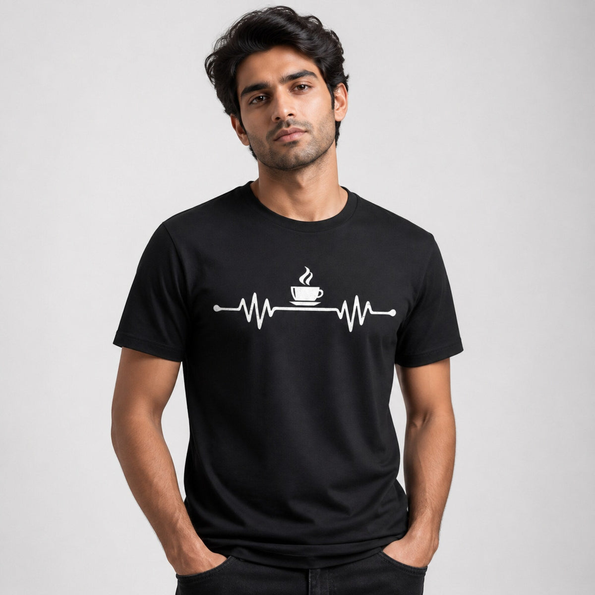Heartline Coffee Vibes T-Shirt — worn on model, front