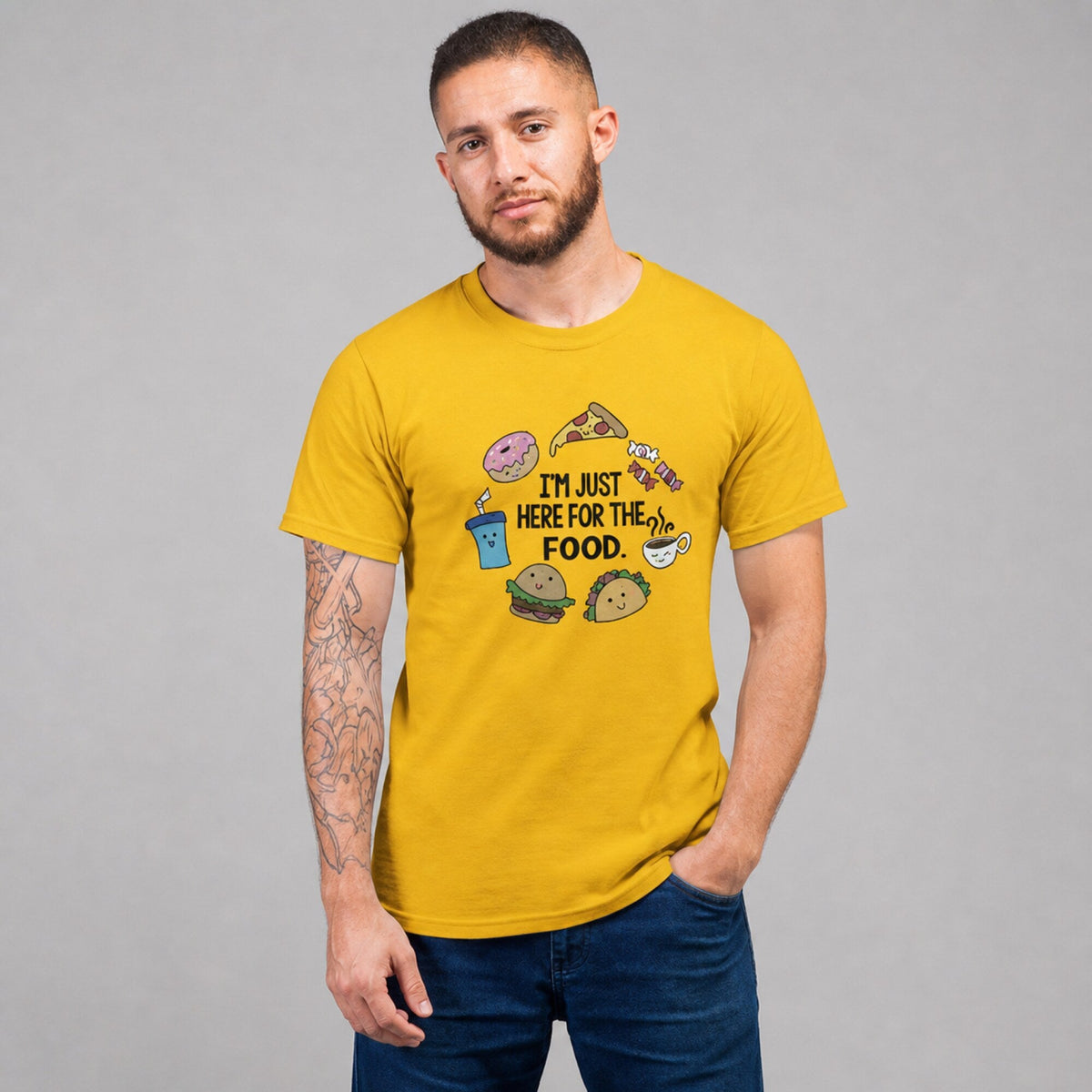 Here For The food Unisex T-Shirt — worn on model, front