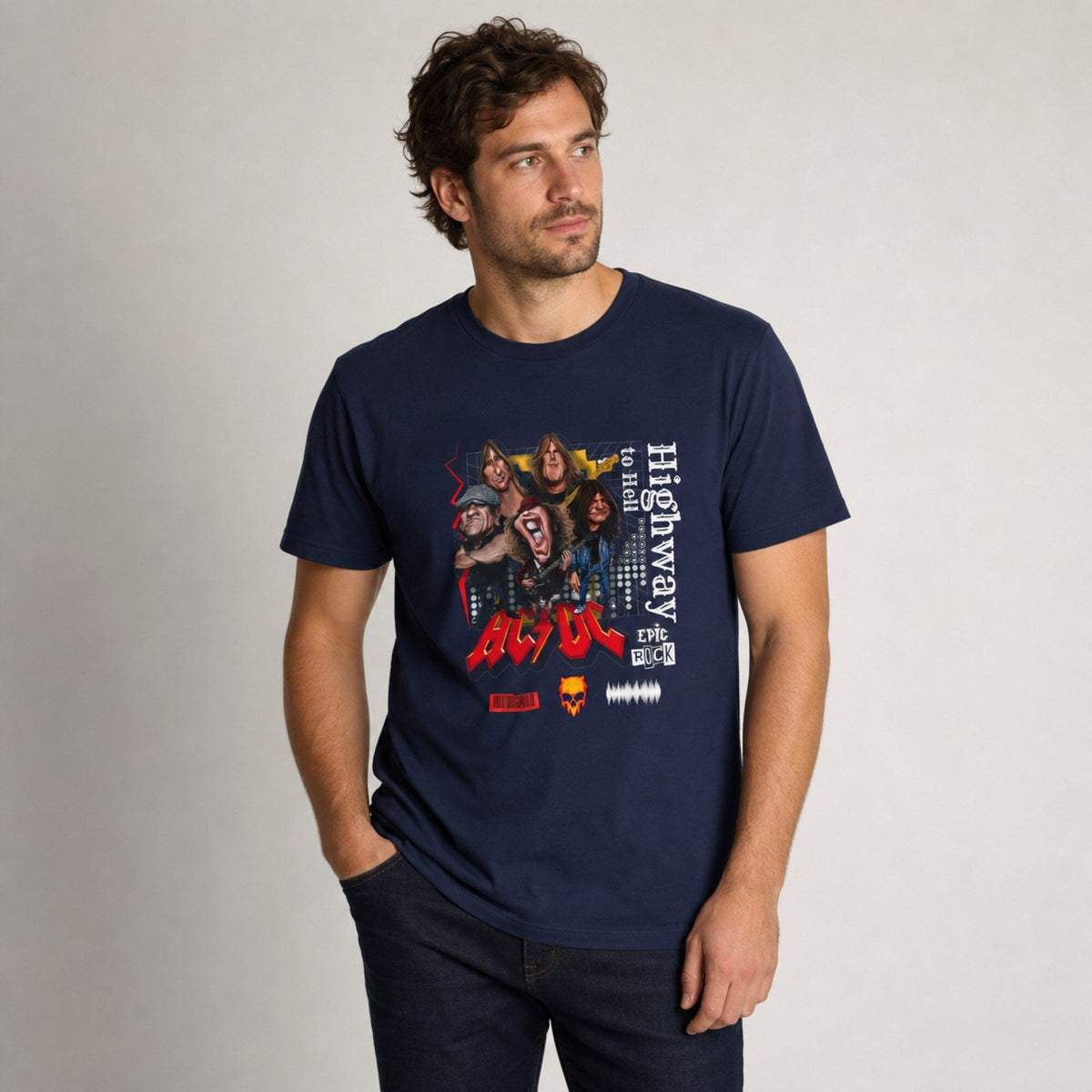 AC/DC Highway to Hell Band Collage Tee — Navy — worn on model, front