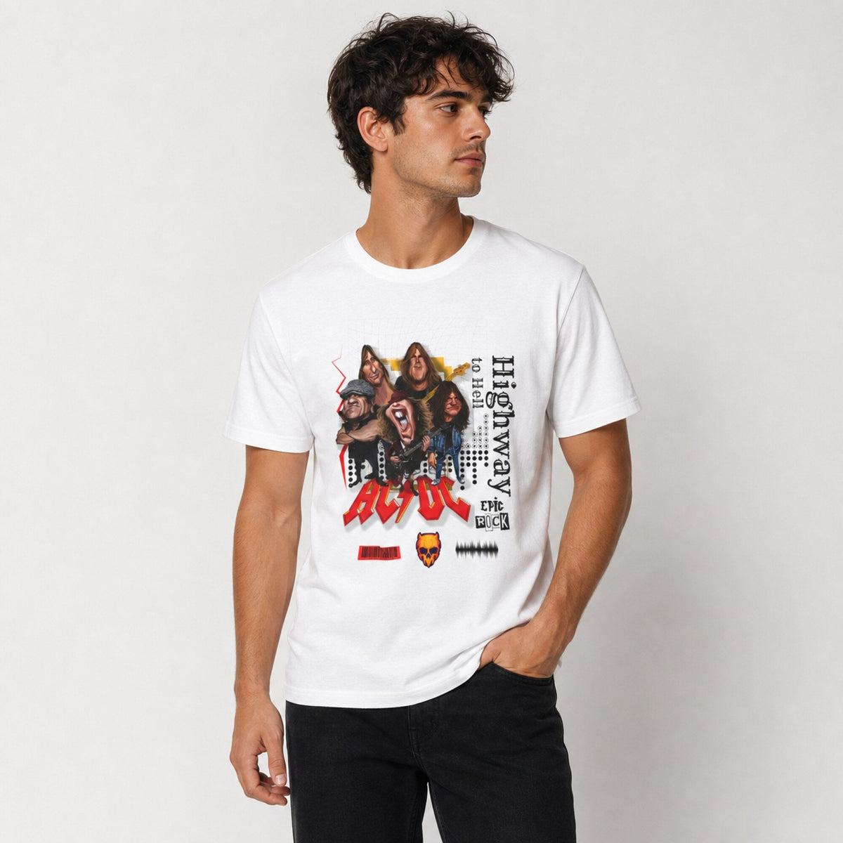 AC/DC Highway to Hell Band Collage Tee — White — worn on model, front