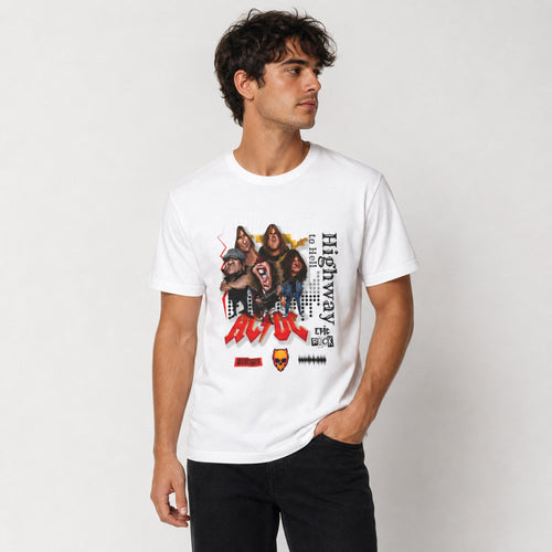 AC/DC Highway to Hell Band Collage Tee — White — worn on model, front