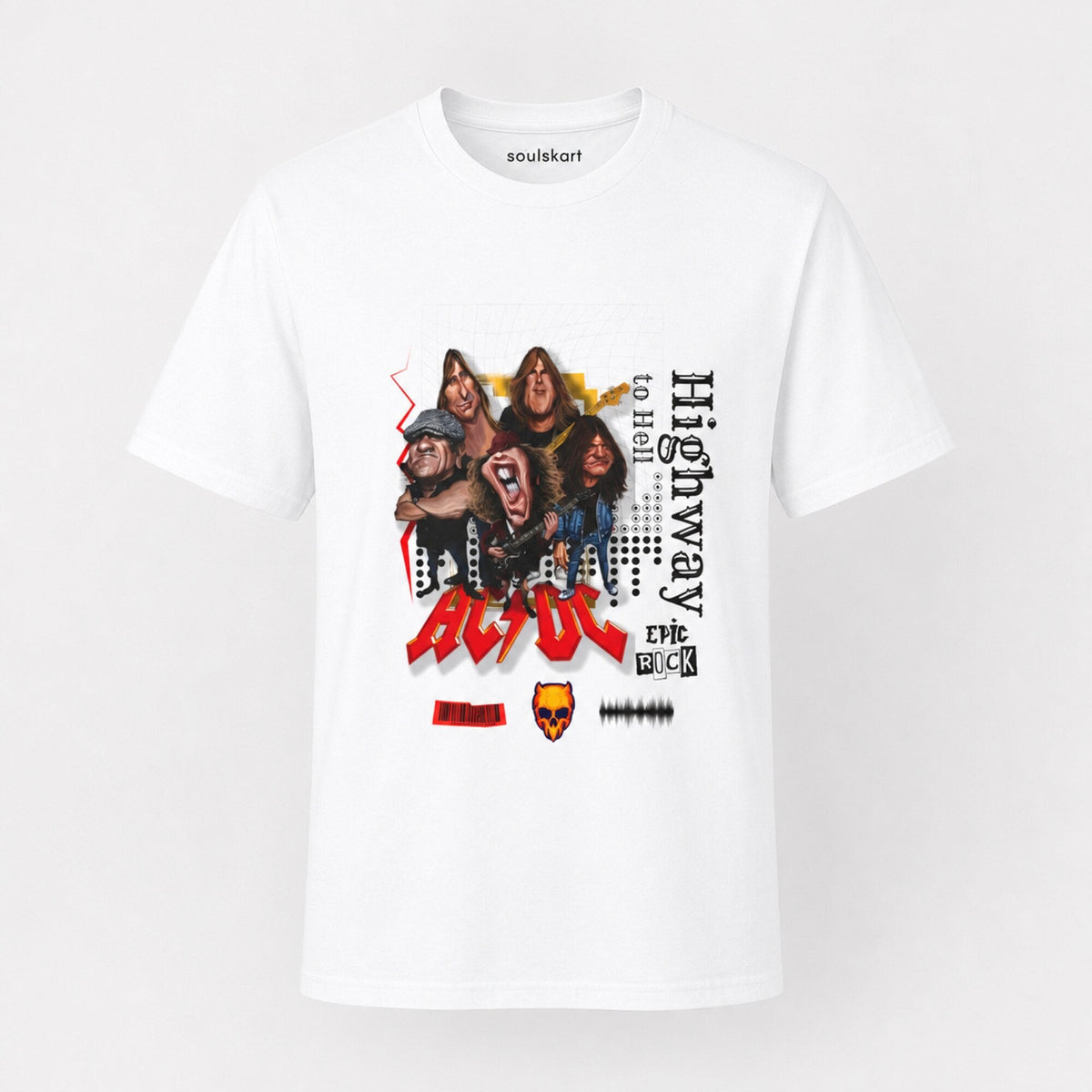 AC/DC Highway to Hell Band Collage Tee — White — front view