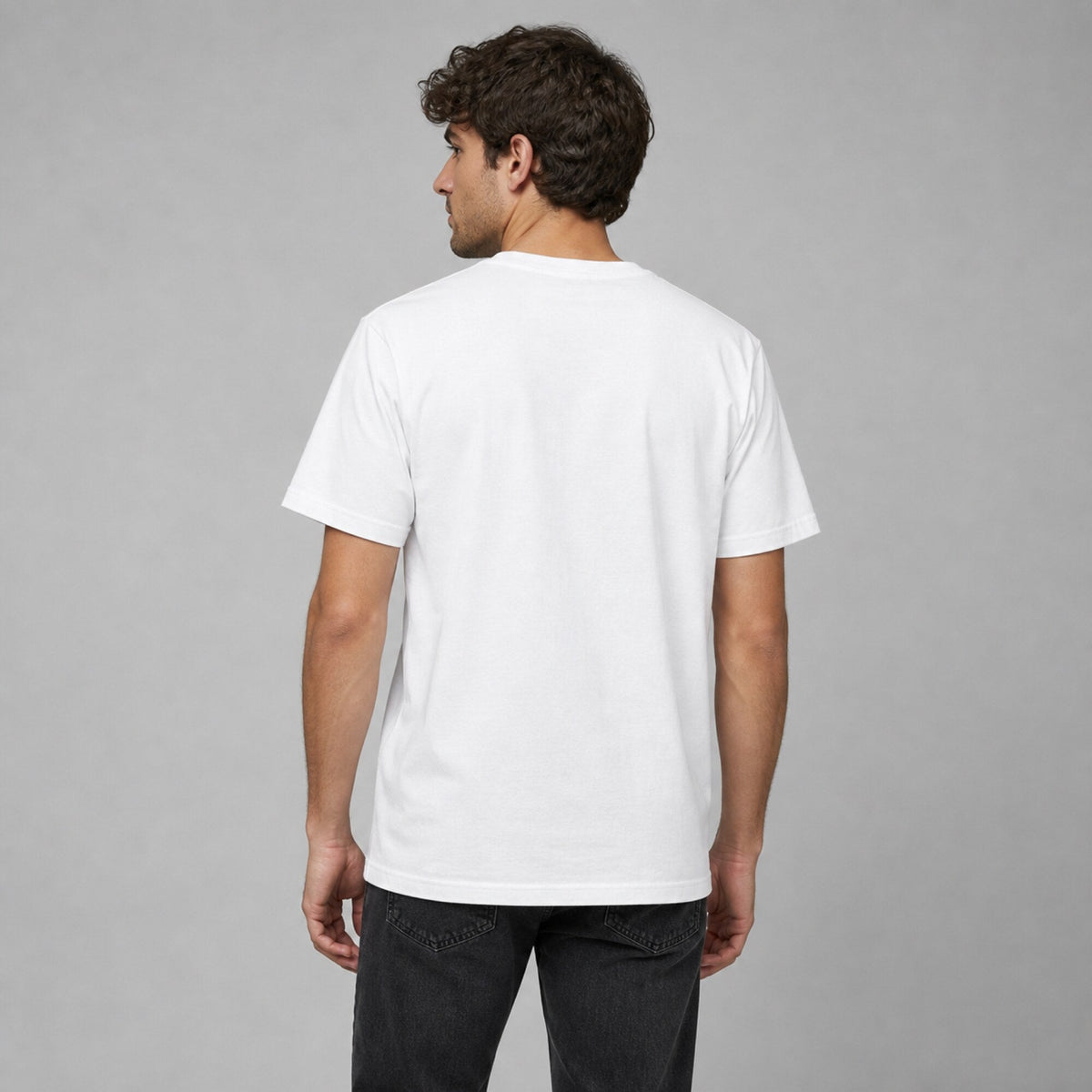 AC/DC Highway to Hell Band Collage Tee — White — worn on model, back