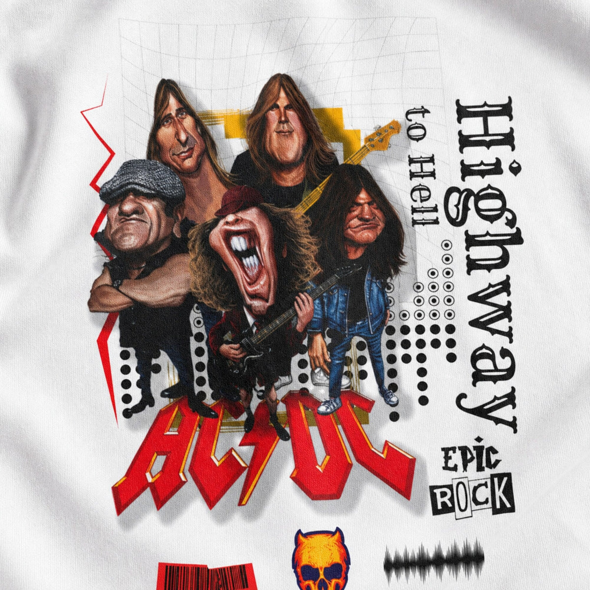 AC/DC Highway to Hell Band Collage Tee — White — print detail close-up