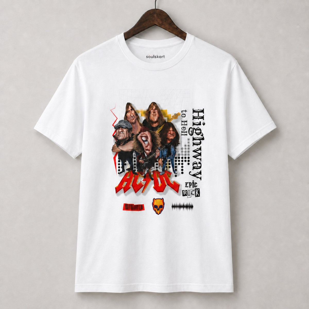 AC/DC Highway to Hell Band Collage Tee — White — on hanger