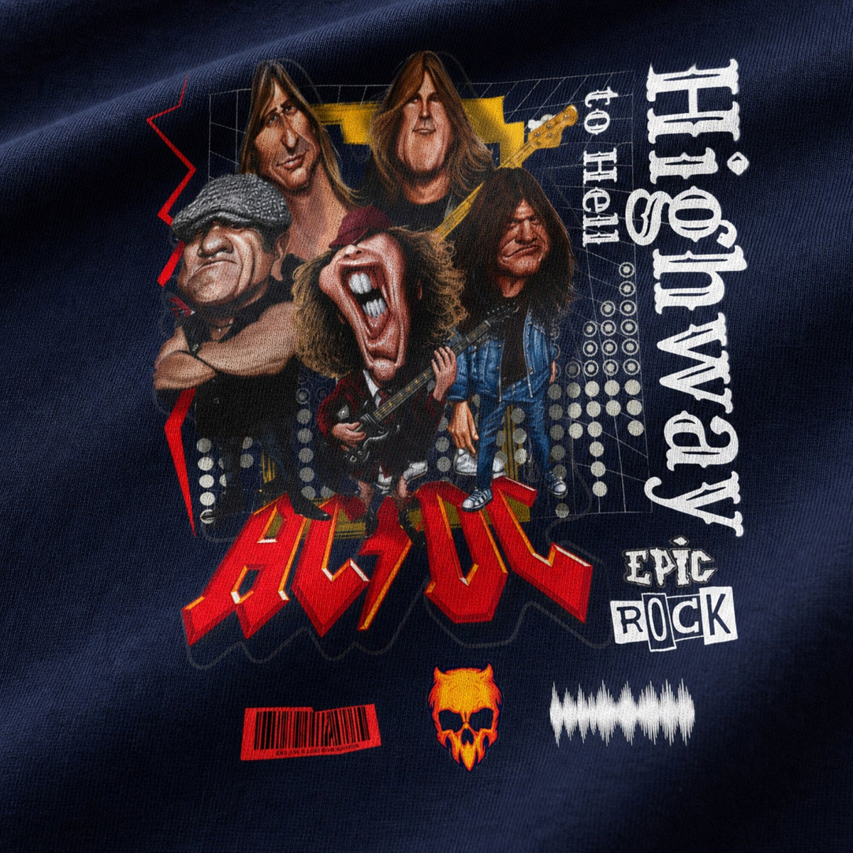 AC/DC Highway to Hell Band Collage Tee — Navy — print detail close-up
