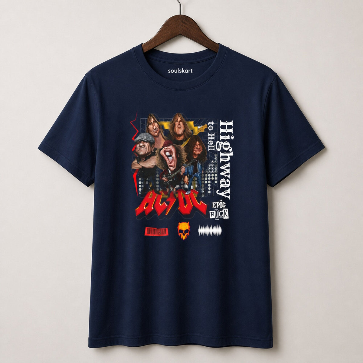 AC/DC Highway to Hell Band Collage Tee — Navy — on hanger