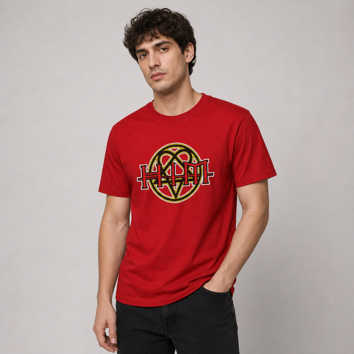 HIM Band-Inspired Unisex T-Shirt — worn on model, front