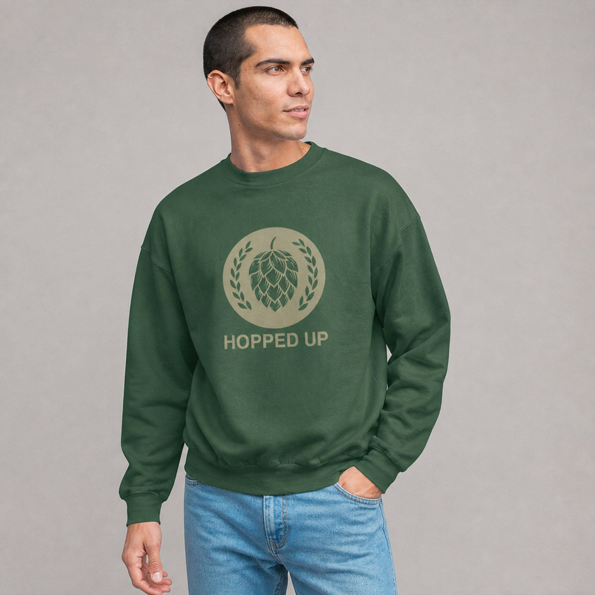 Hopped Up Unisex Sweatshirt — worn on model, front