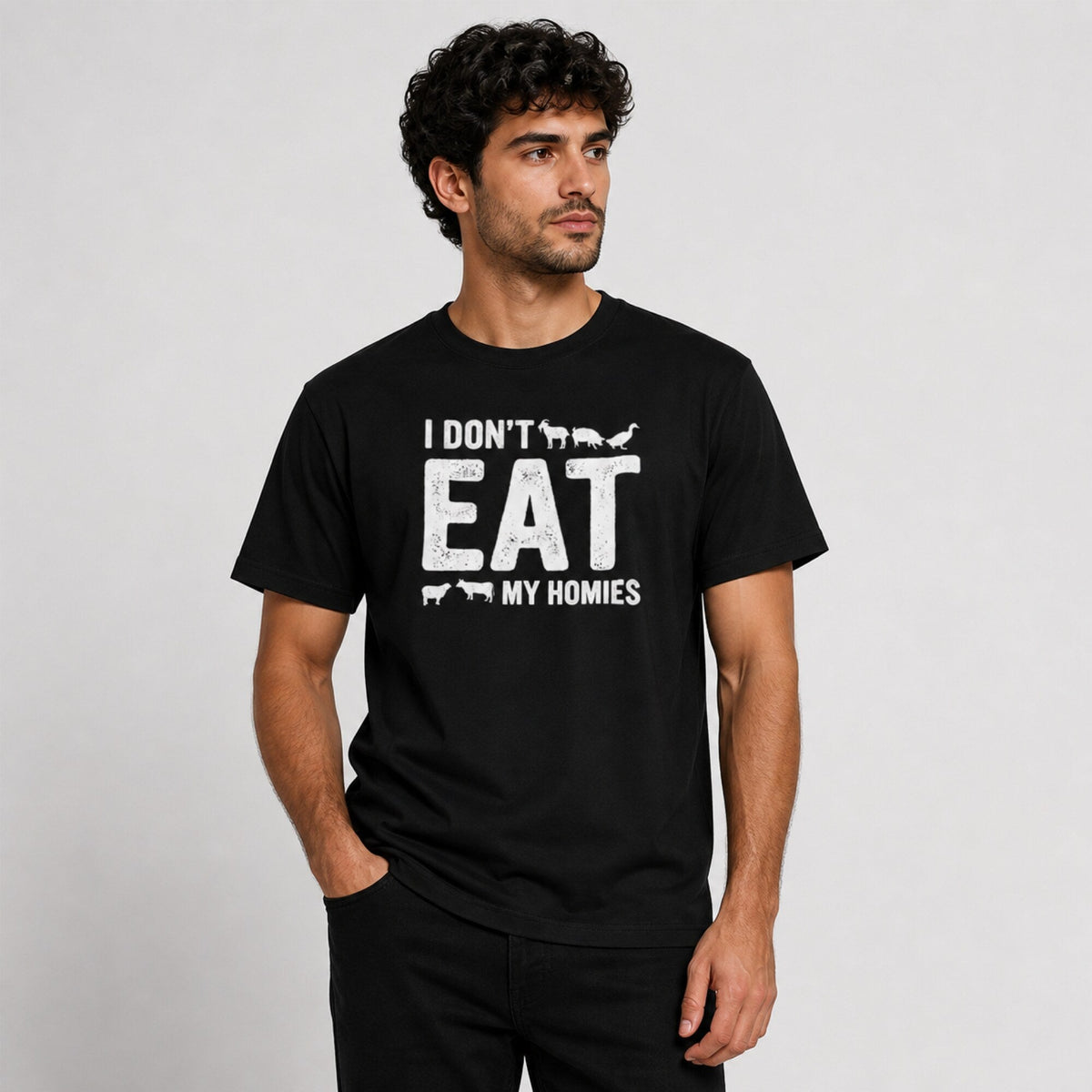 I Don't Eat My Homies T-Shirt — worn on model, front