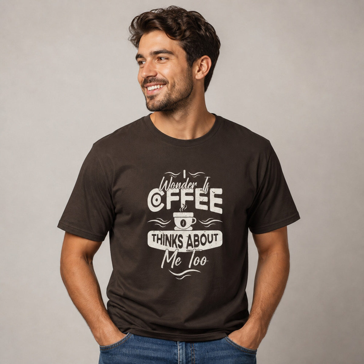 I Wonder If Coffee Thinks About Me Too Unisex T-Shirt — worn on model, front