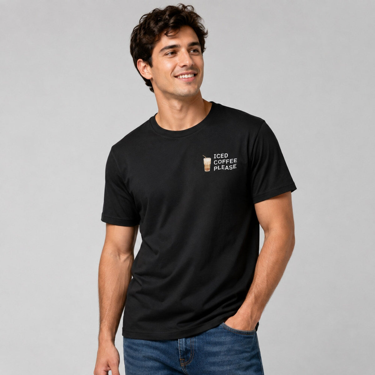 Iced Coffee Please T-Shirt — worn on model, front
