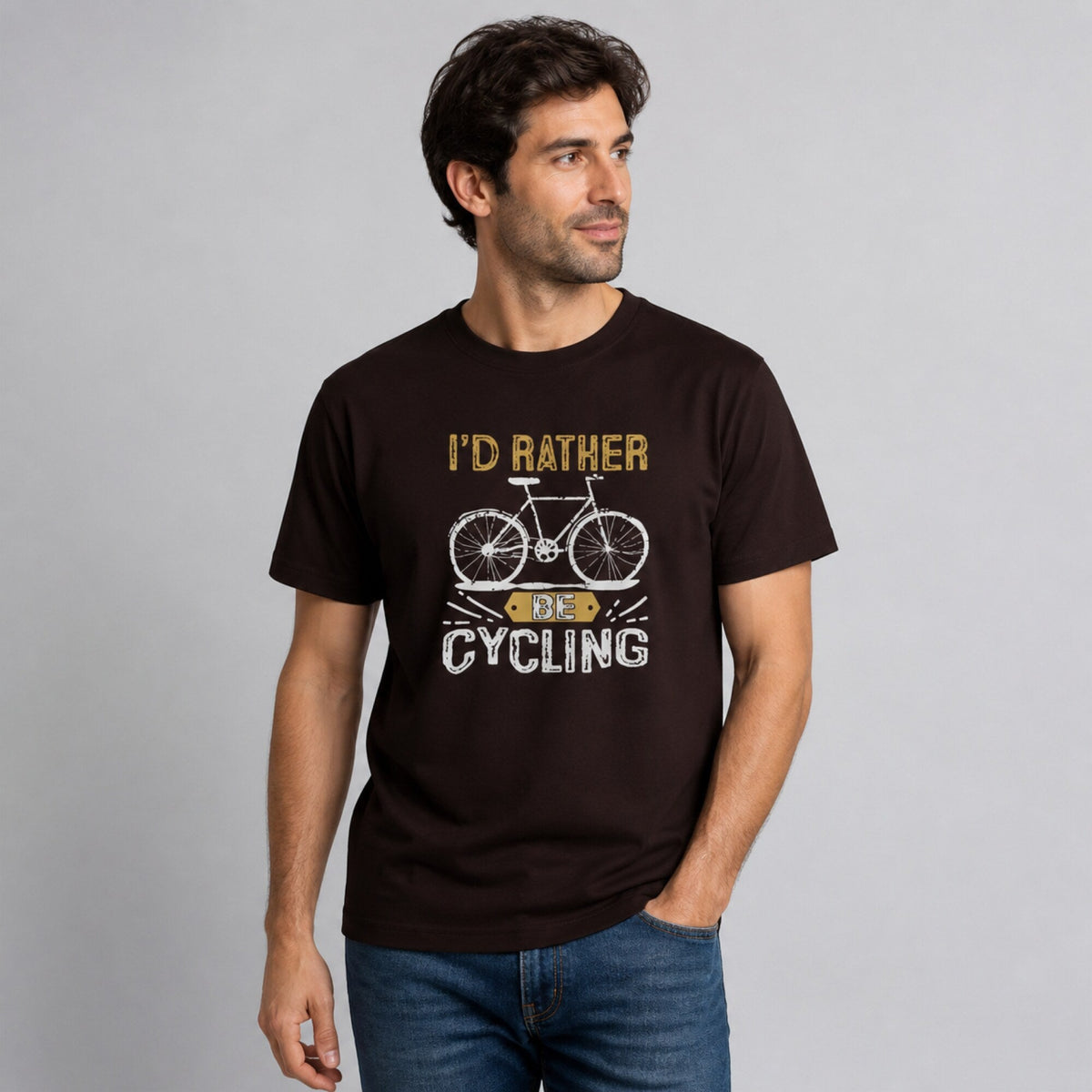 I'd Rather Be Cycling Unisex Printed T-Shirt — worn on model, front