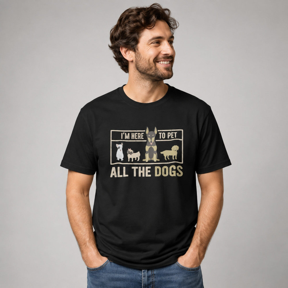 I'm Here to Pet All the Dogs Unisex Printed T-Shirt — worn on model, front