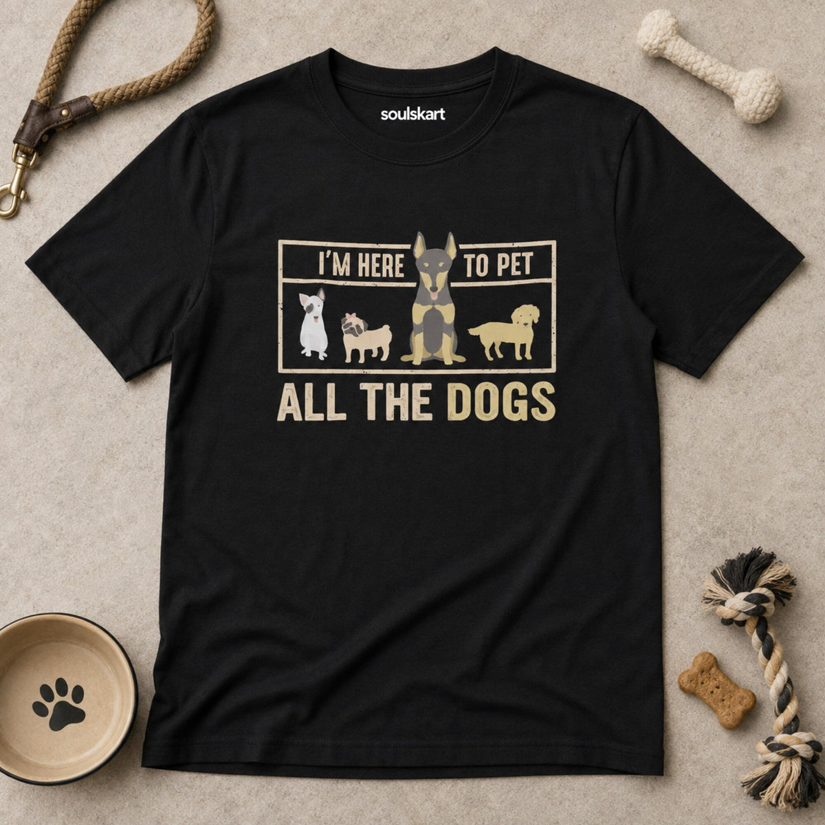 I'm Here to Pet All the Dogs Unisex Printed T-Shirt — on hanger
