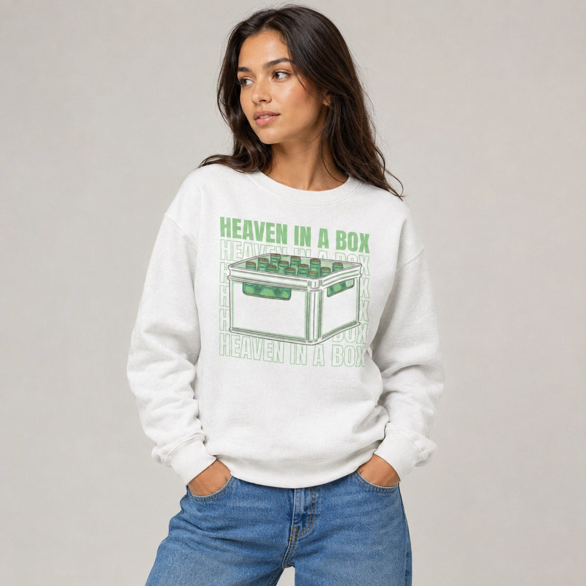 In Heaven A Box Unisex Premium Sweatshirt — worn on model, front