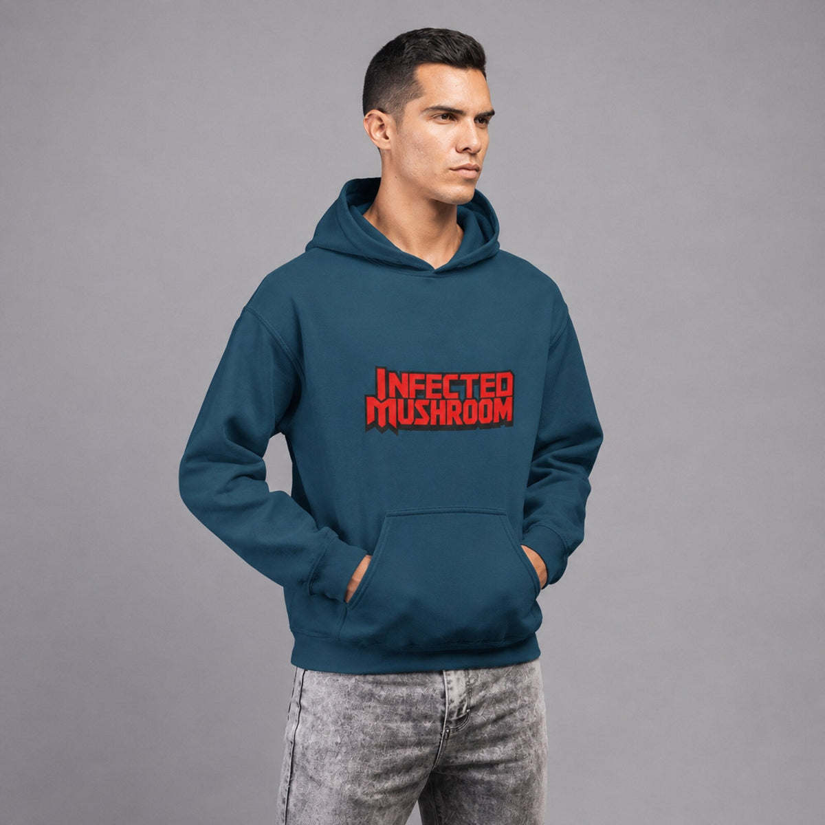 Infected Mushroom Unisex Hoodie — worn on model, front