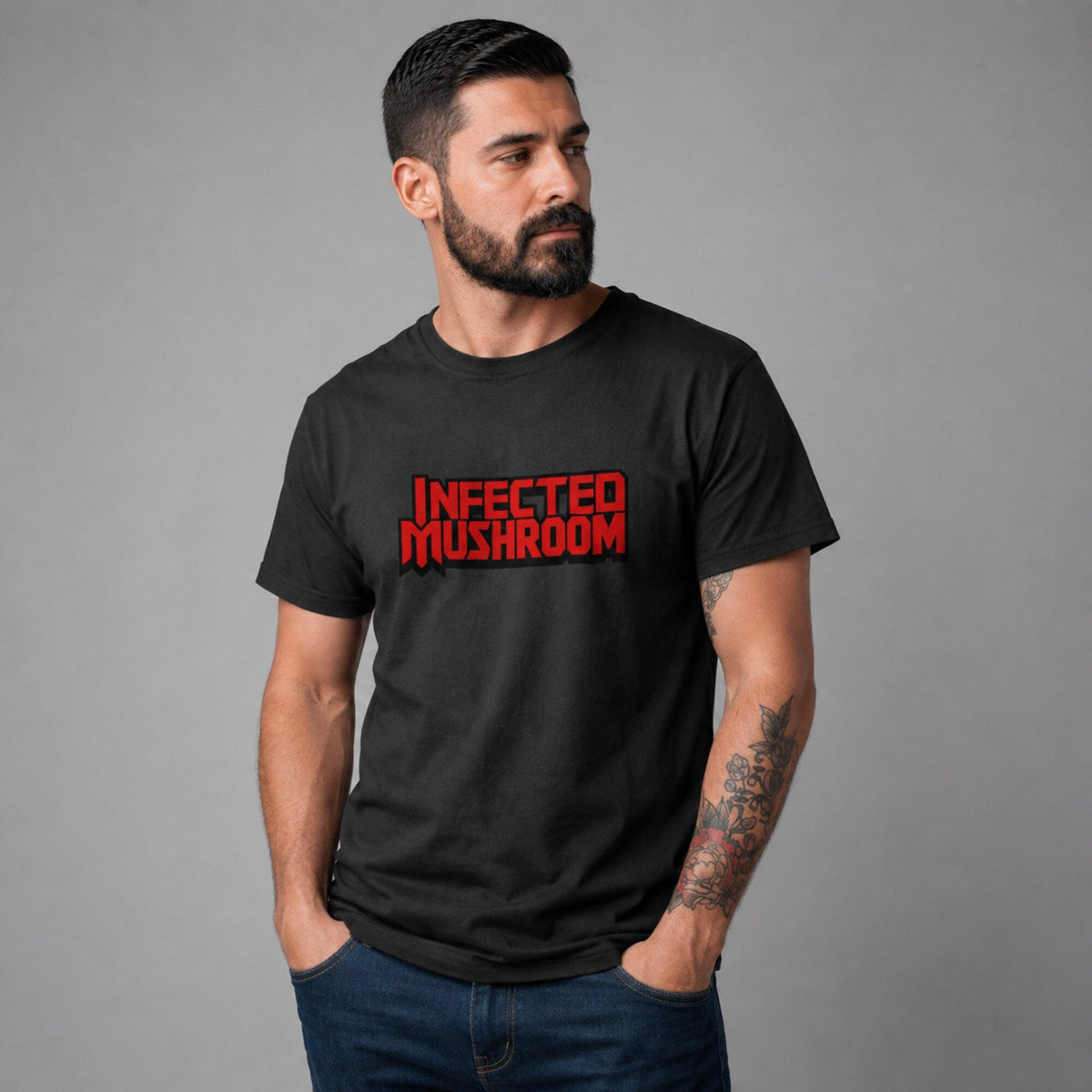 Infected Mushroom Unisex T-Shirt — worn on model, front