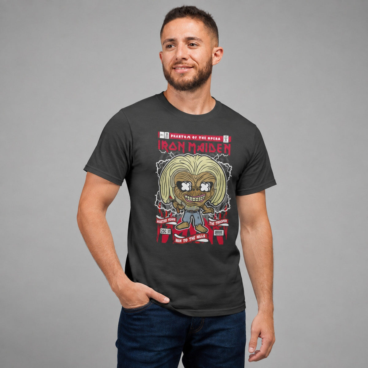 Iron Maiden Pop Art Unisex T-Shirt — worn on model, front