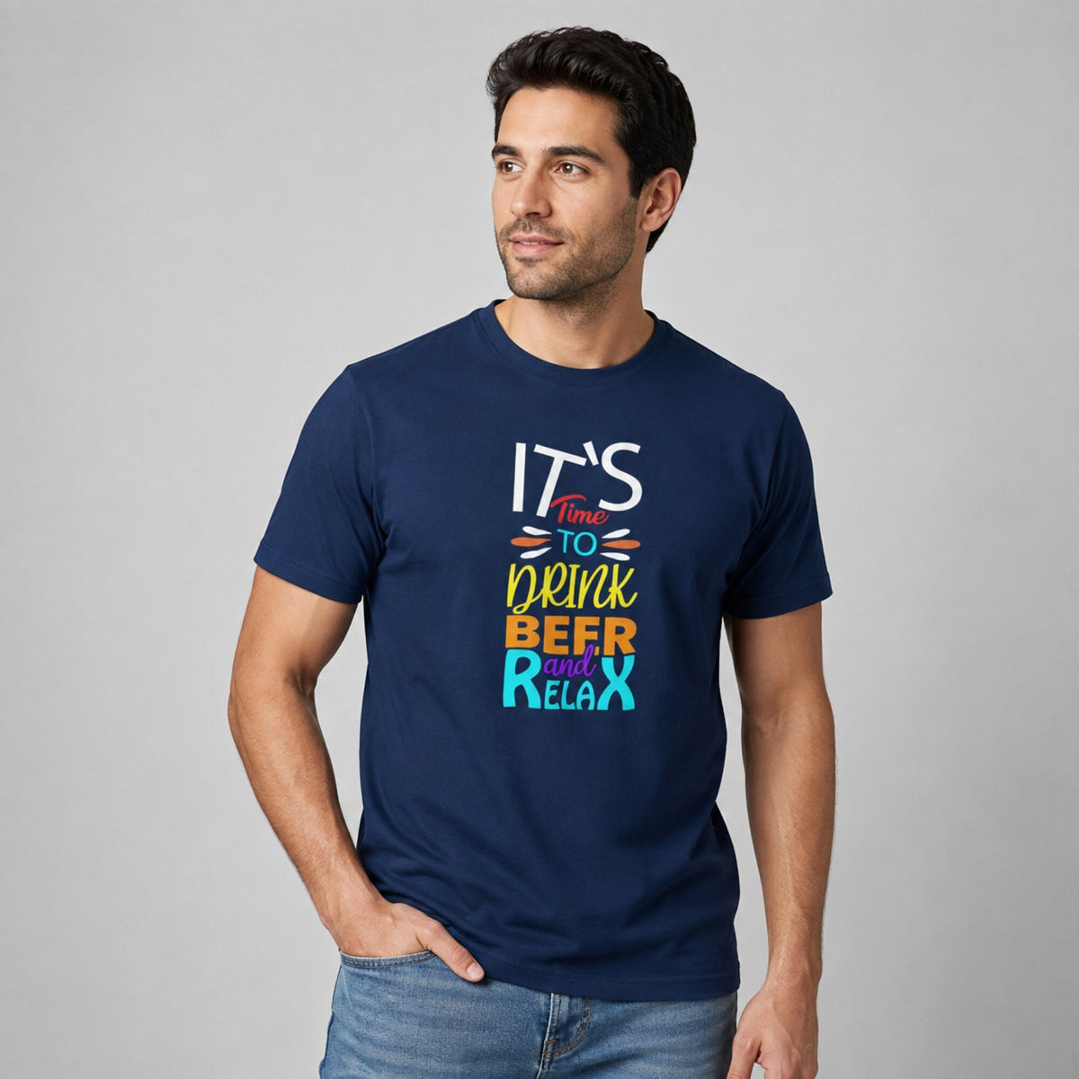 It's Time to Drink Beer & Relax T-Shirt — worn on model, front