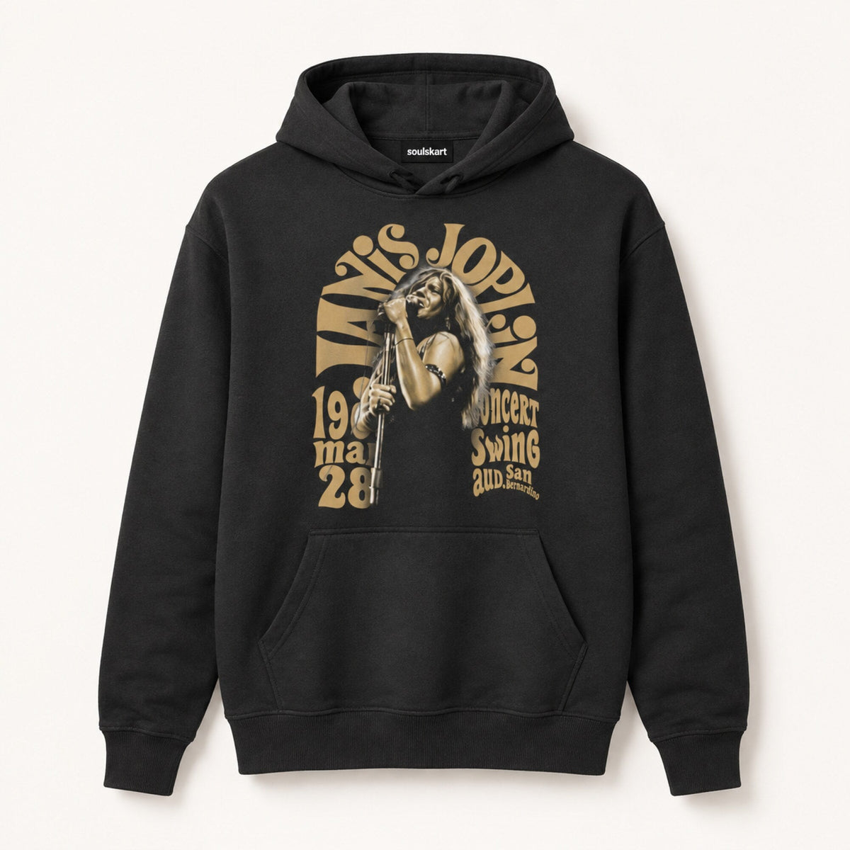 Janis Joplin Unisex Black Hoodie — front view