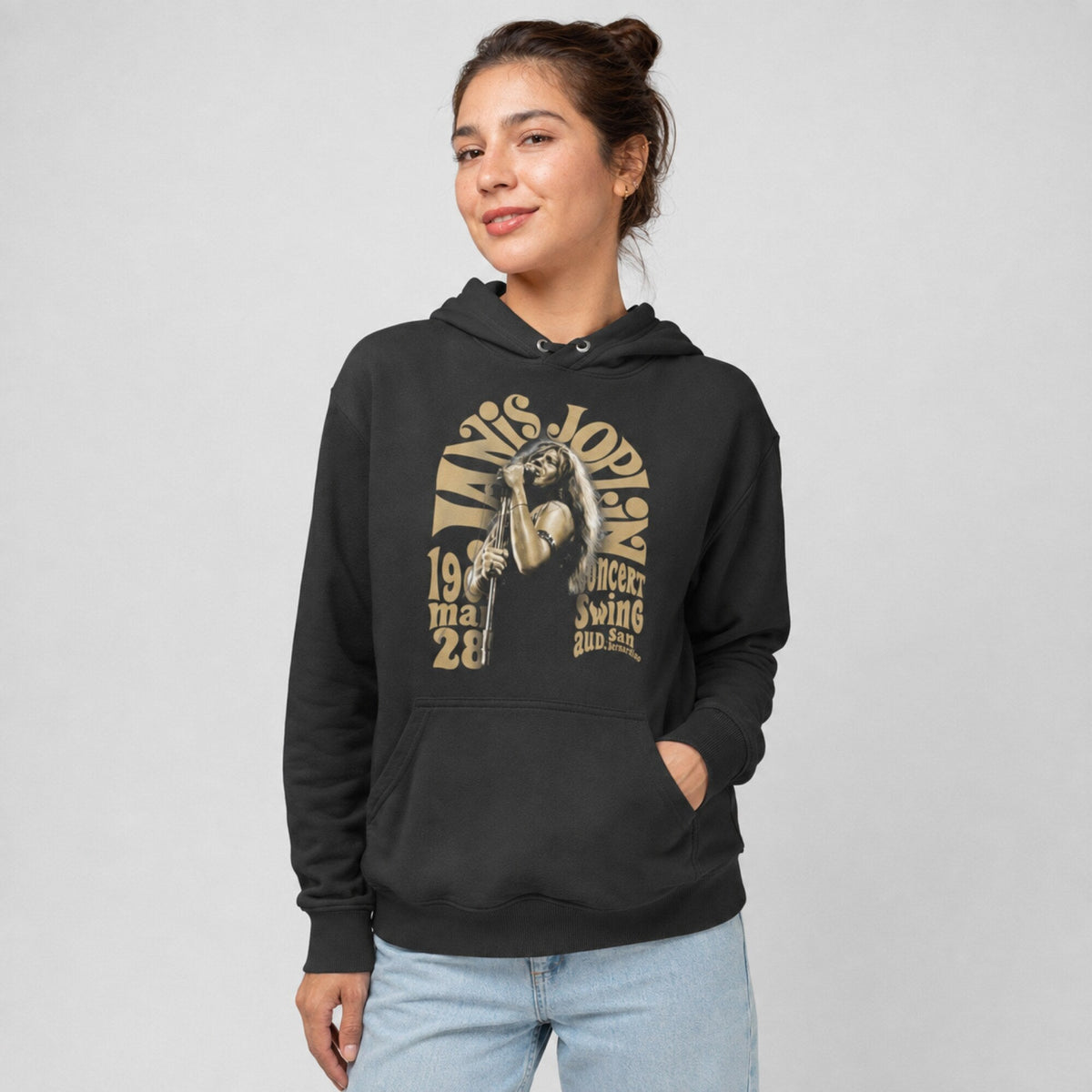 Janis Joplin Unisex Black Hoodie — worn on model, front