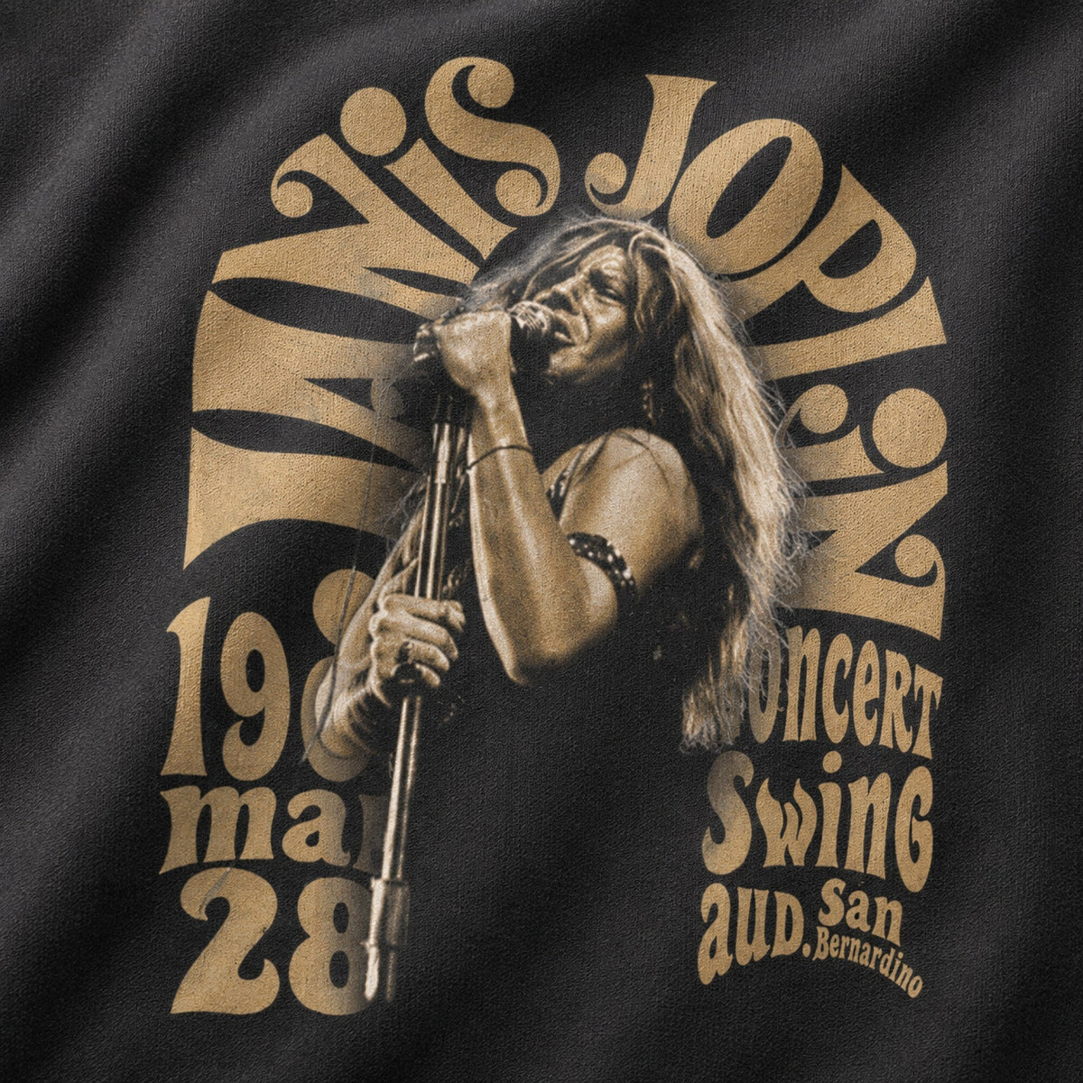 Janis Joplin Unisex Black Hoodie — print detail close-up