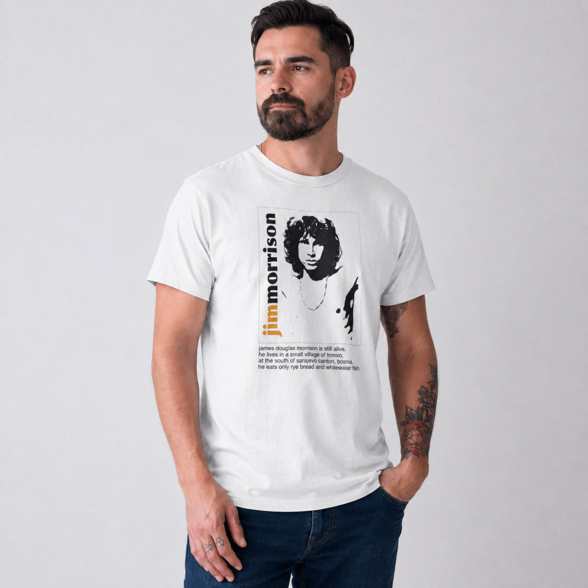 Jim Morrison Unisex T-Shirt — worn on model, front