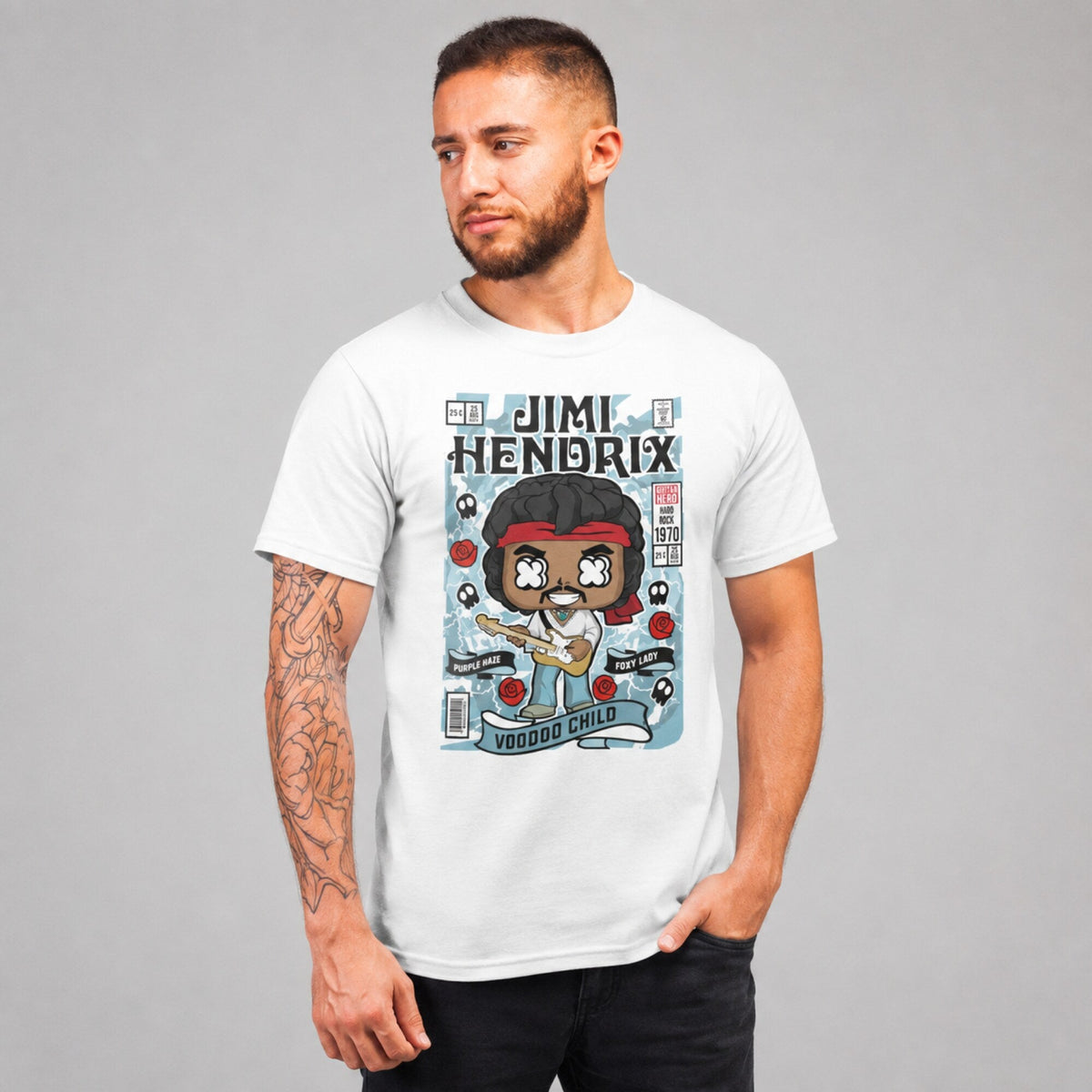 Jimi Hendrix Pop Art Unisex T-Shirt — worn on model, front